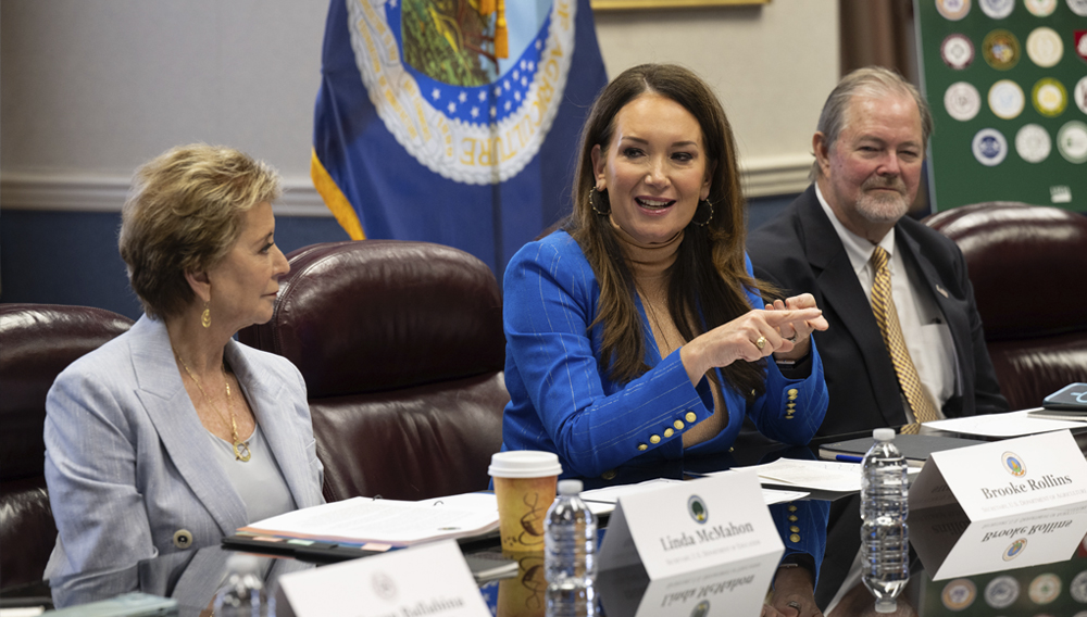 U.S. Department of Agriculture Secretary Brooke Rollins delivers some remarks to 20 Universities Presidents and Chancellors during a Land Grant University roundtable at the USDA Headquarters in Washington D.C., June 15, 2026. (USDA Photo by Christophe Paul)