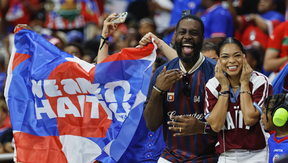 Haiti fans cheer during the World Cup Group C soccer match between Morocco and Haiti in Atlanta, Wednesday, June 24, 2026. (AP Photo/Erik S. Lesser)