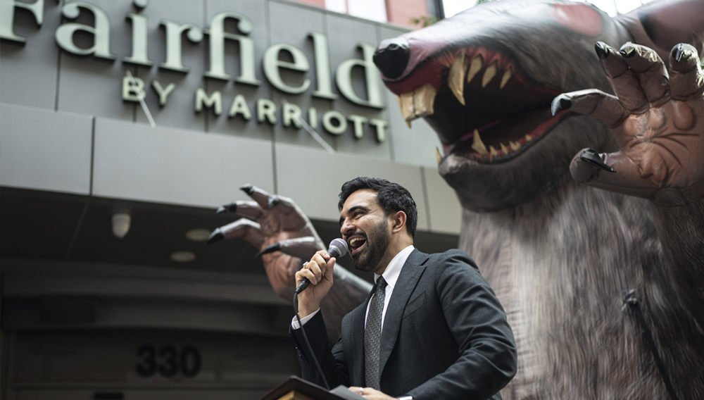Mayor Zohran Kwame Mamdani delivers remarks at the Hotel Trades Council's Rally with picketing workers in Midtown on Wednesday, July 1, 2026. Michael Appleton/Mayoral Photography Office