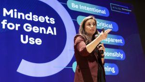 Amanda Bickerstaff, CEO of AI for Education, speaks at Academic Magnet High School during the Charleston County School District Charleston Educator Symposium Wednesday, July 22, 2026 in North Charleston, S.C. (AP Photo/Mic Smith)