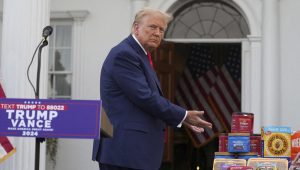 Republican presidential nominee and former U.S. President Donald Trump gestures as he attends a press conference at Trump National Golf Club, in Bedminster, New Jersey, U.S., August 15, 2024. REUTERS/Jeenah Moon/File Photo.