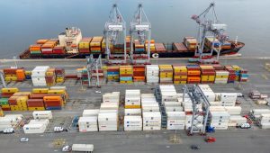 A drone view shows shipping containers at the Port of Montreal in Montreal, Quebec, Canada April 14, 2025. REUTERS/Carlos Osorio/File Photo.