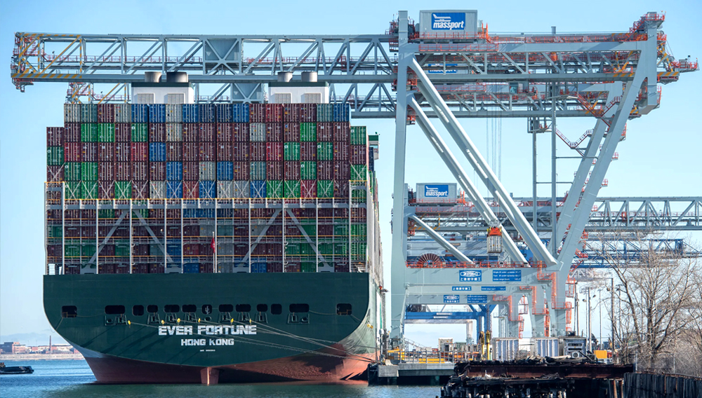 EvergreenÕs 1,1000 feet long Ever Fortune, the largest container ship to arrive to the city, sits at the Conley Container Terminal as it is off loaded on January 16, 2022 in Boston, Massachusetts. (Photo by Amanda Sabga/MediaNews Group/Boston Herald)
