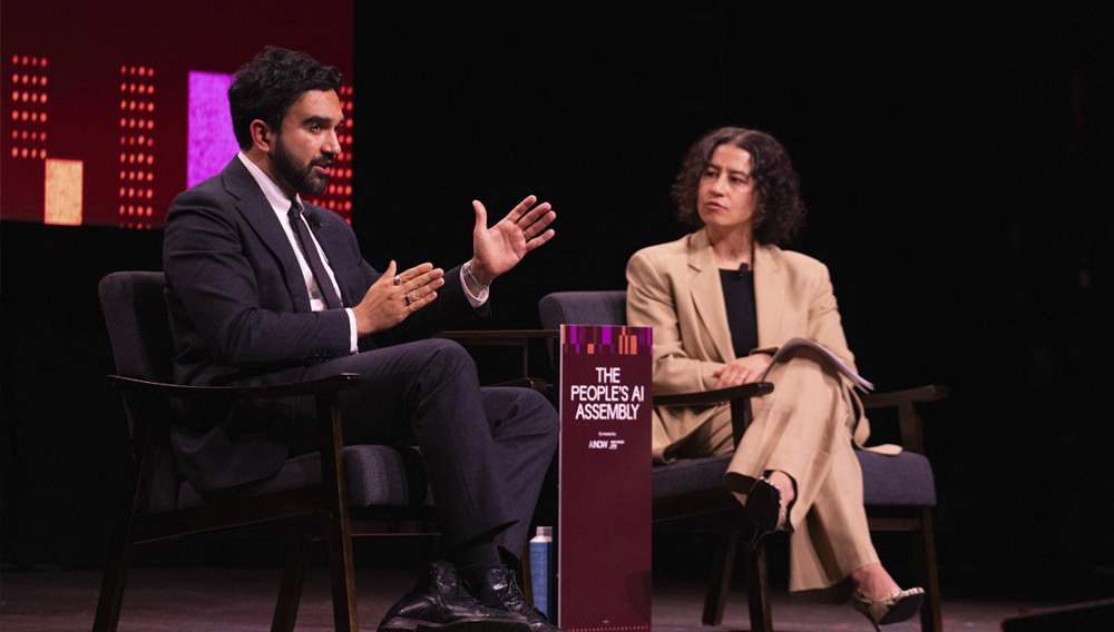 New York City Mayor Zohran Kwame Mamdani participates in a fireside chat with Ilana Glazer at The People’s AI Assembly at Webster Hall in Manhattan on Monday, October 19, 2026. Michael Appleton/Mayoral Photography Office.